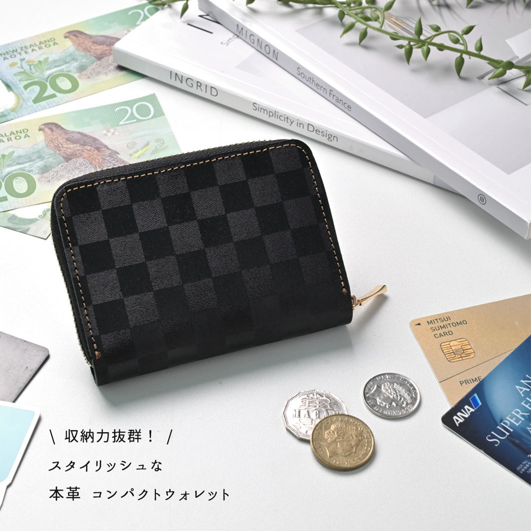 イタリアンレザー 市松模様 お札が折れない コンパクトウォレット 本革 ミニ財布 TKM