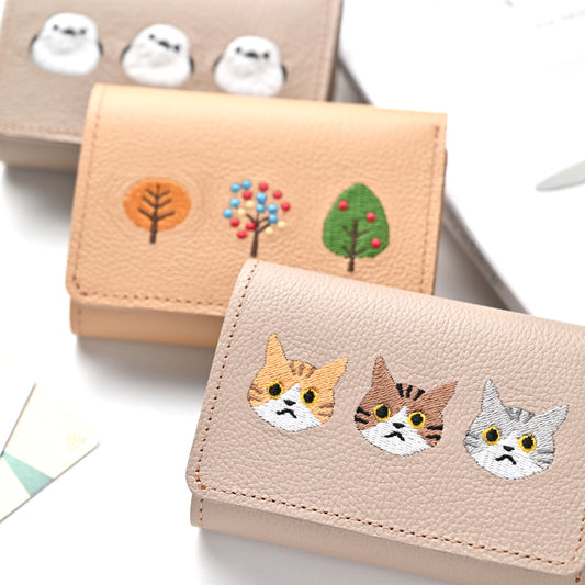 サンポ刺繍 シンプル 三つ折り財布 【 シュリンクレザー 刺繍 】 ミニ財布 ミニウォレット コンパクトウォレット 本革
