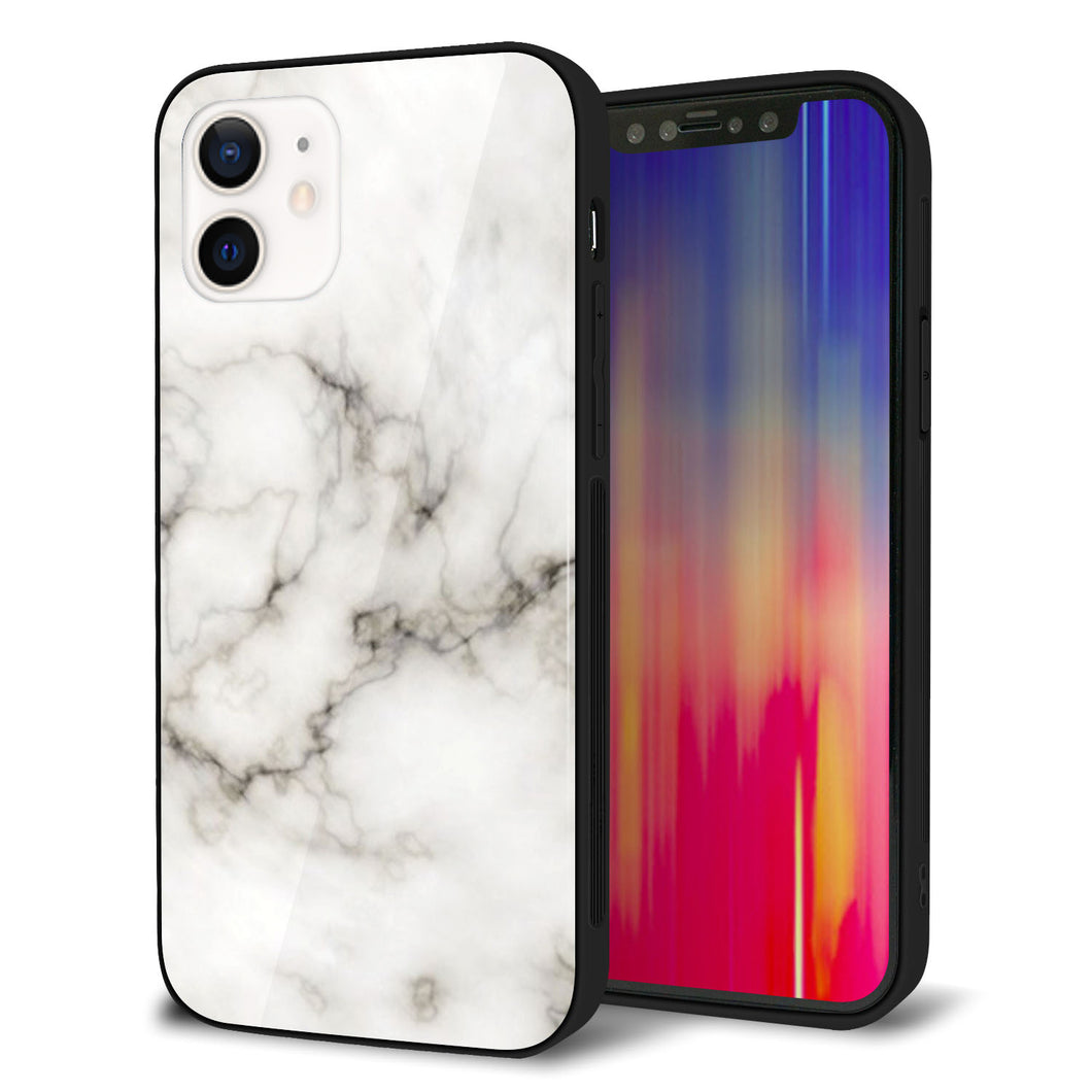 iPhone 12 強化ガラス&TPUスマホケース ガラプリ【KM871 大理石WH】