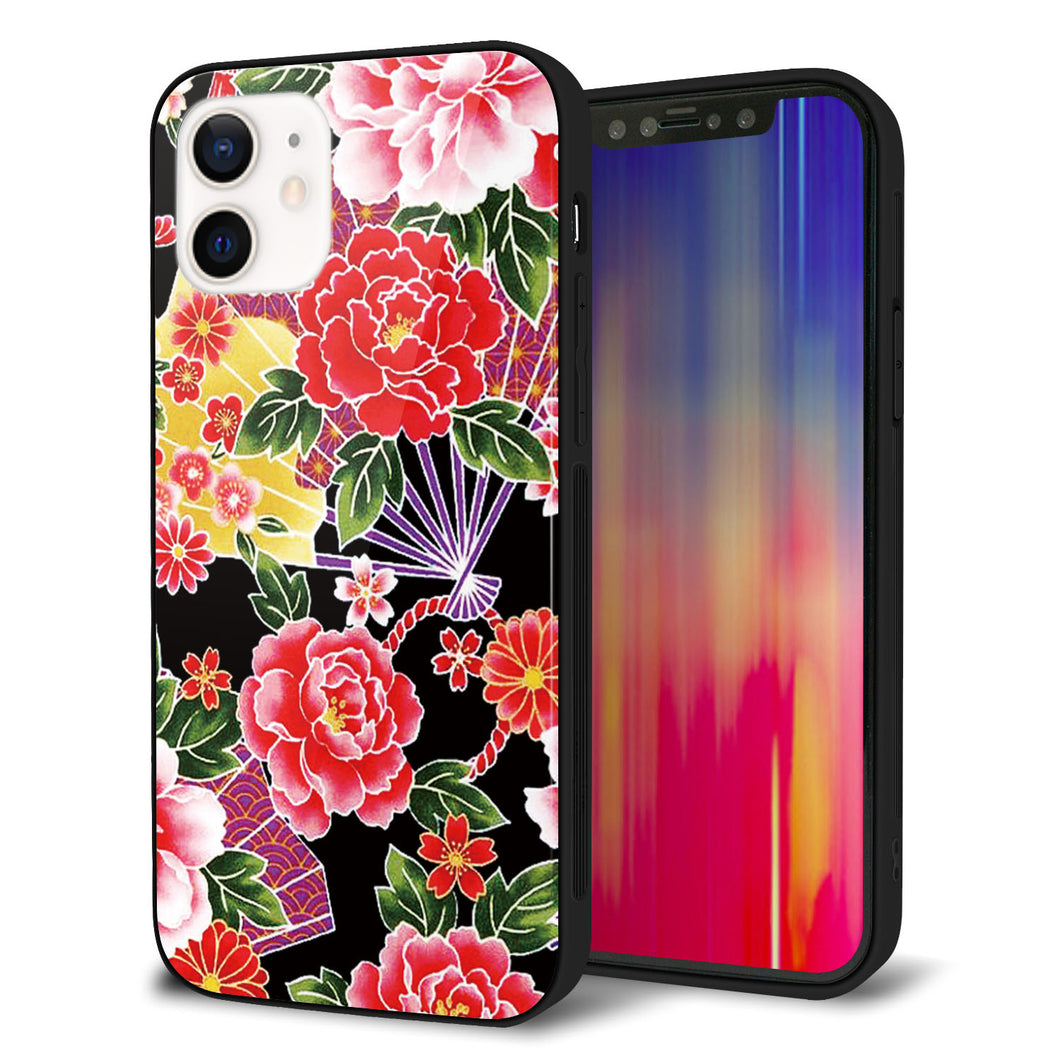 iPhone 12 強化ガラス&TPUスマホケース ガラプリ【MA959 和柄 花 A】