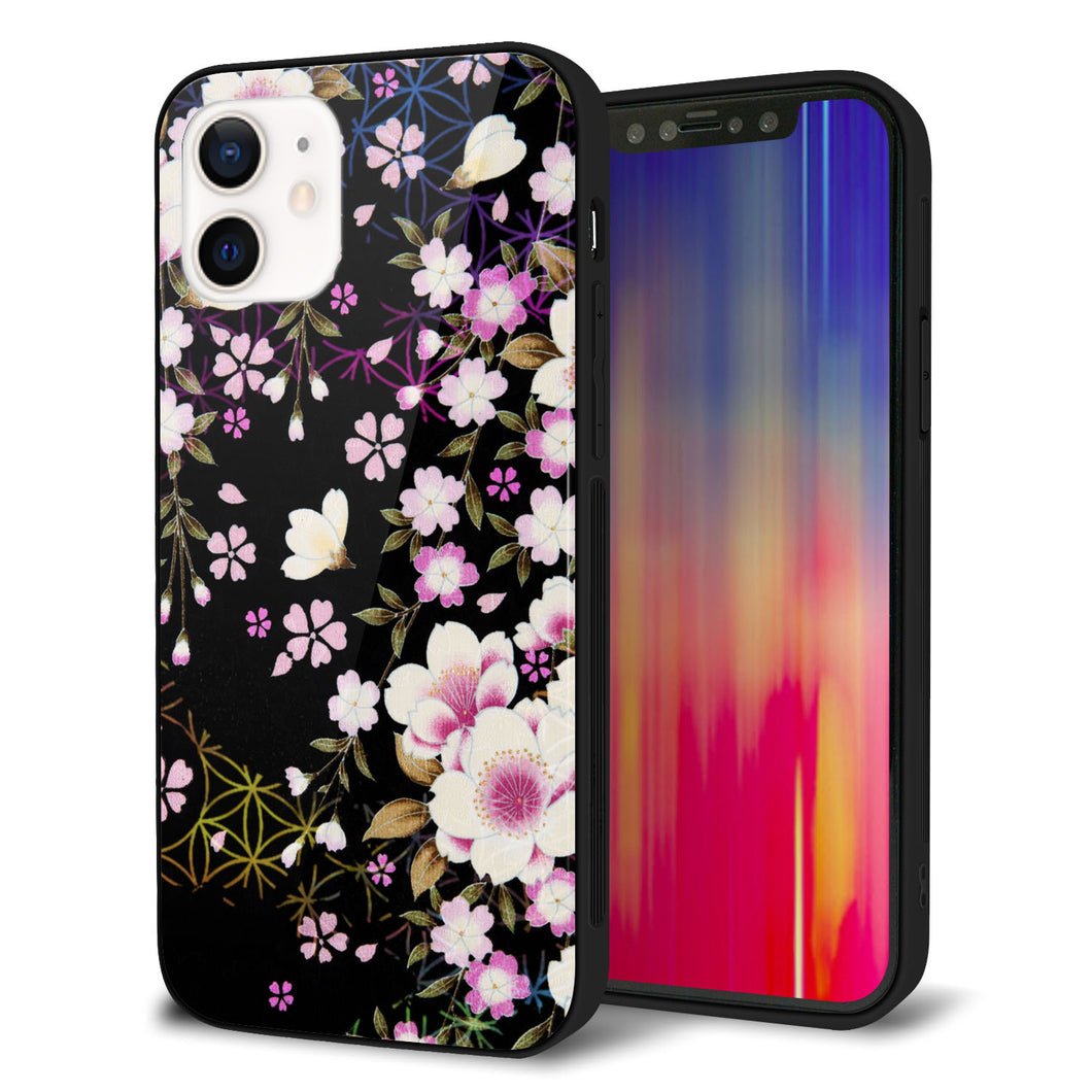iPhone 12 強化ガラス&TPUスマホケース ガラプリ【MA961 和柄 花 C】