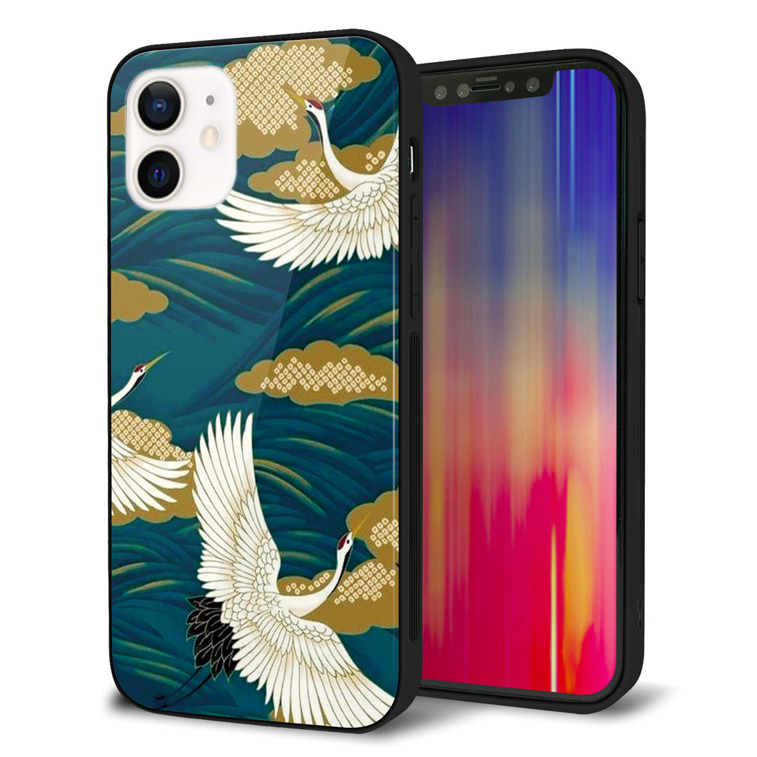 iPhone 12 強化ガラス&TPUスマホケース ガラプリ【MA964 着物柄 鶴鯉 B】