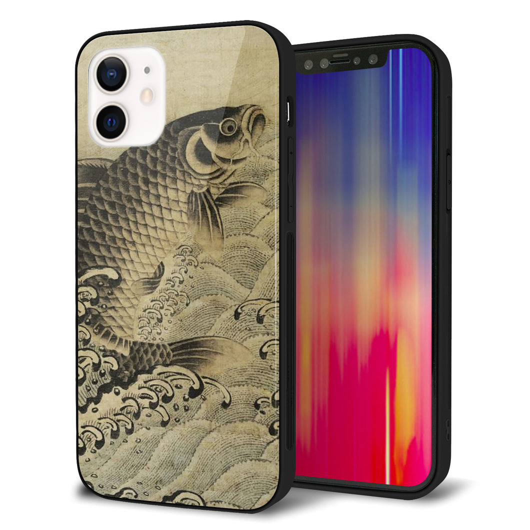 iPhone 12 強化ガラス&TPUスマホケース ガラプリ【MA970 和柄 鶴鯉 B】