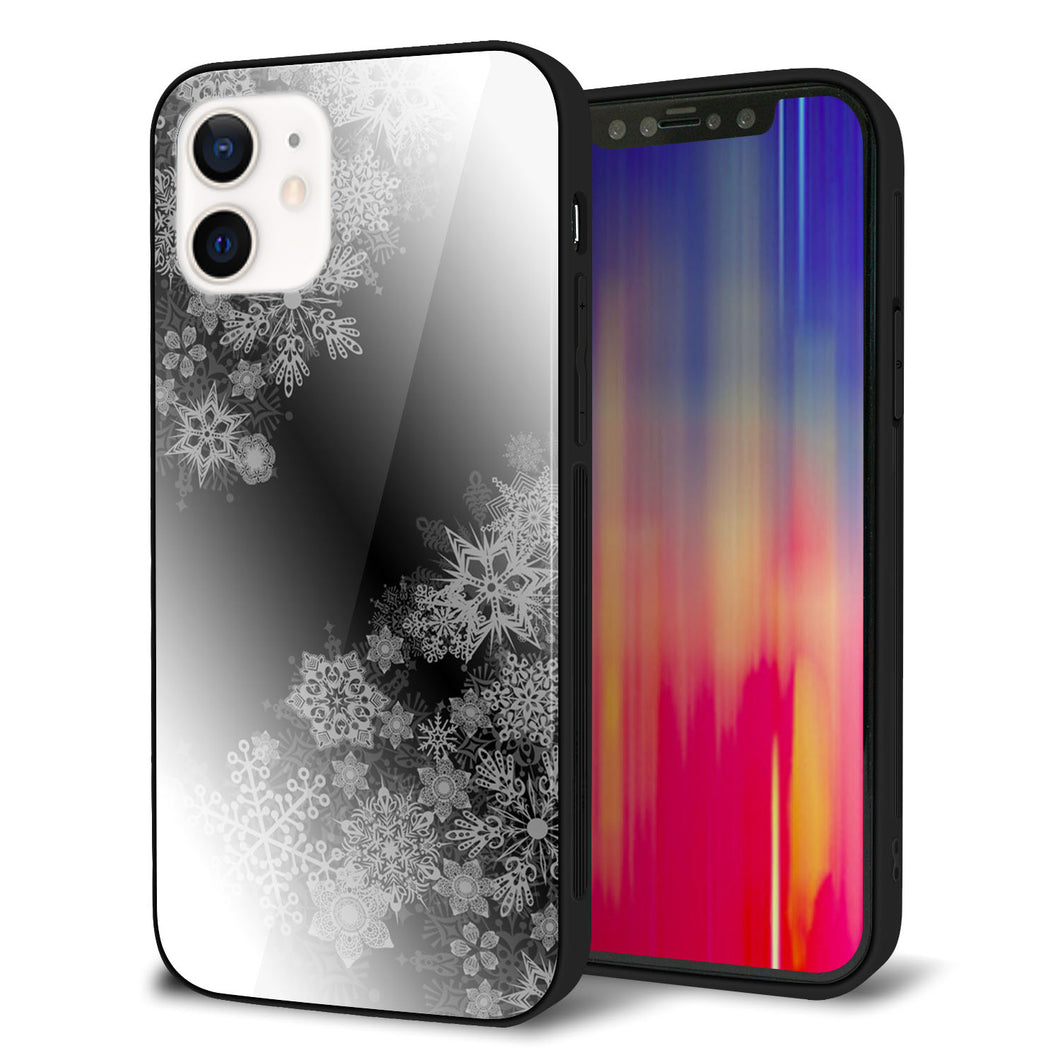iPhone 12 強化ガラス&TPUスマホケース ガラプリ【YJ340 モノトーン 雪の結晶 】