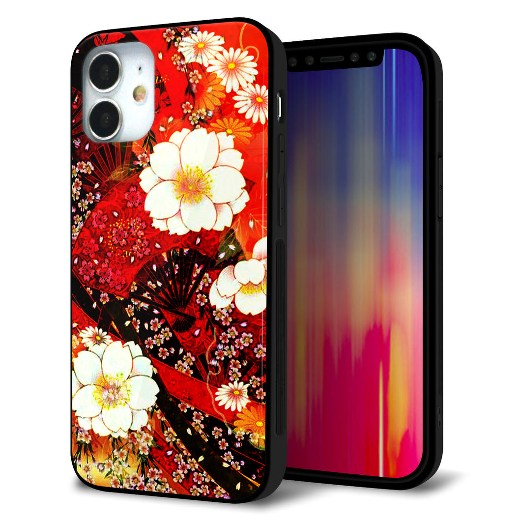 iPhone 12 mini 強化ガラス&TPUスマホケース ガラプリ【MA960 和柄 花 B】