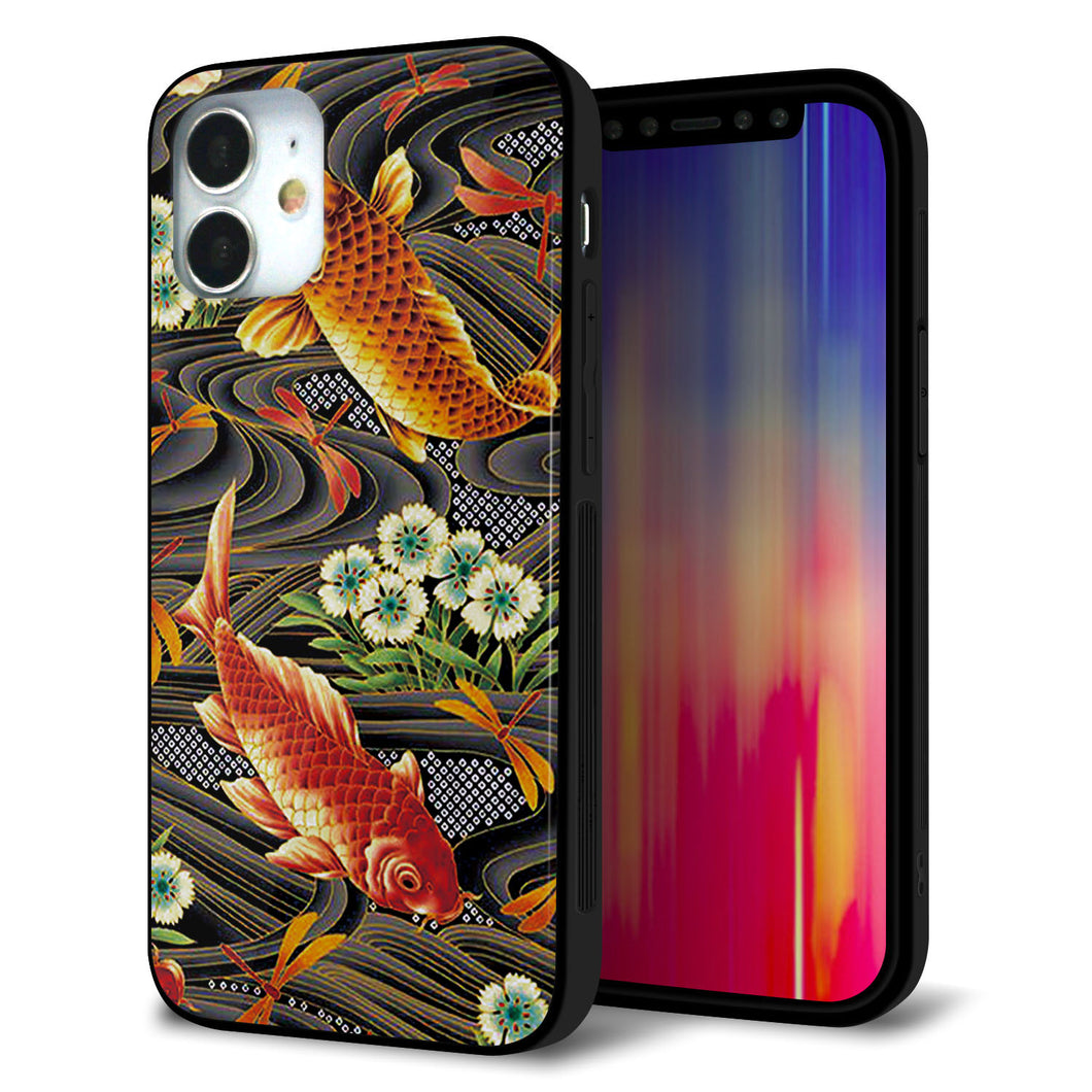 iPhone 12 mini 強化ガラス&TPUスマホケース ガラプリ【MA963 着物柄 鶴鯉 A】