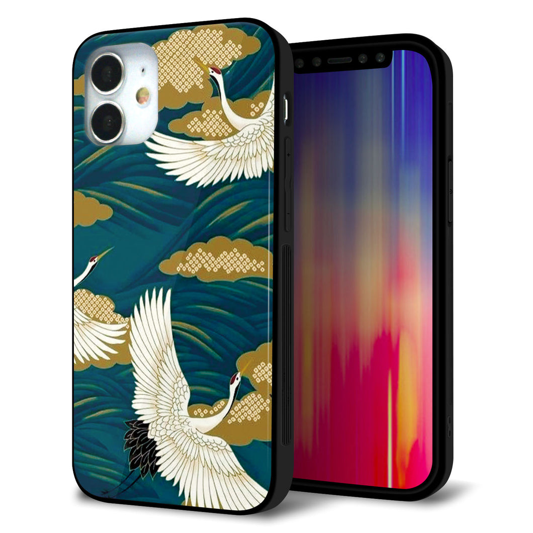 iPhone 12 mini 強化ガラス&TPUスマホケース ガラプリ【MA964 着物柄 鶴鯉 B】