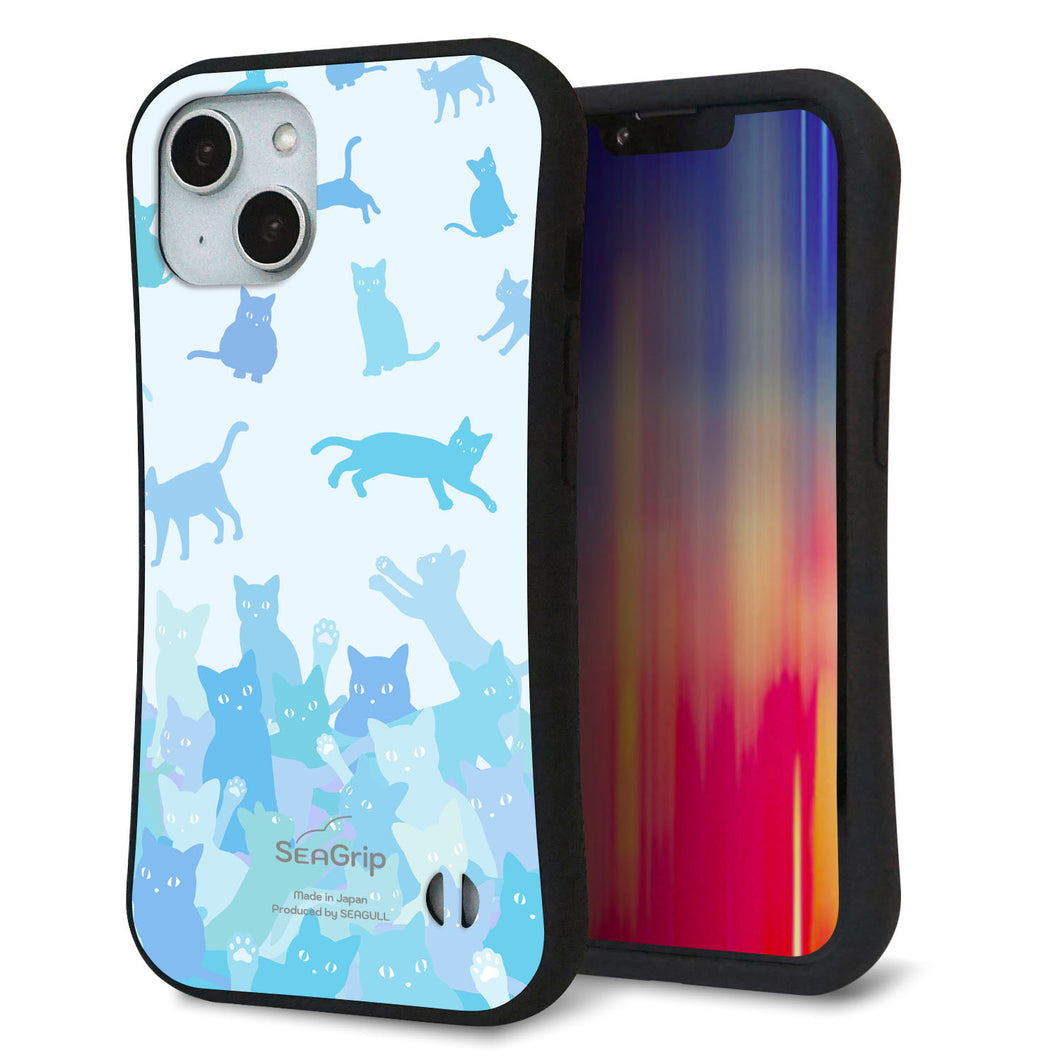 iPhone 14 スマホケース 「SEA Grip」 グリップケース Sライン 【AG888 ネコ積もり 水色】 UV印刷
