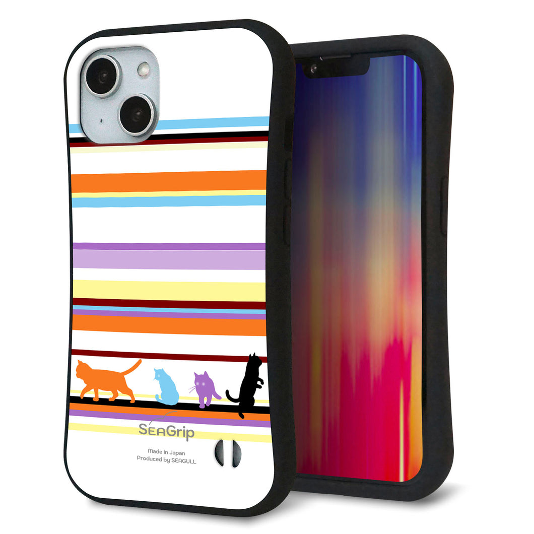 iPhone 14 スマホケース 「SEA Grip」 グリップケース Sライン 【YA887 ストライプネコ01】 UV印刷