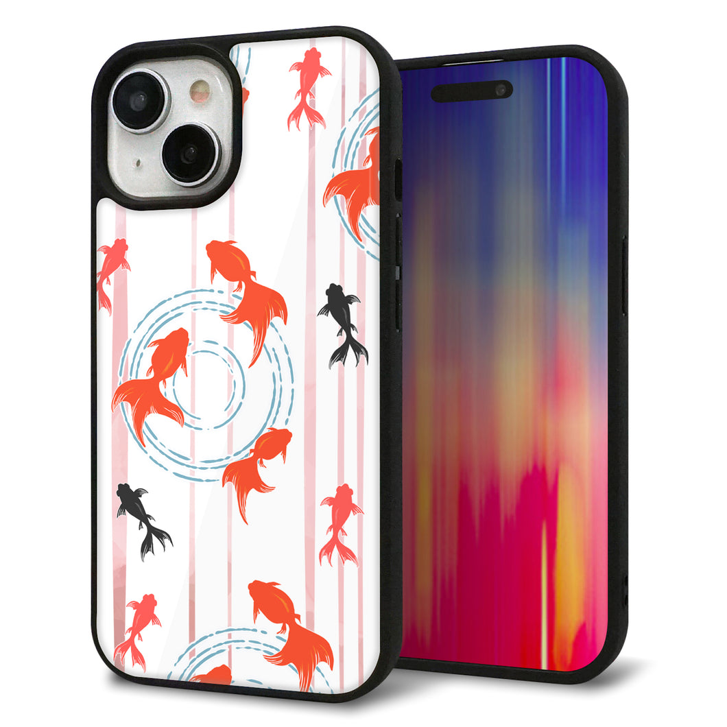 iPhone 15 強化ガラス&TPUスマホケース ガラプリ【HA212 金魚 水彩ストライプ ピンク】