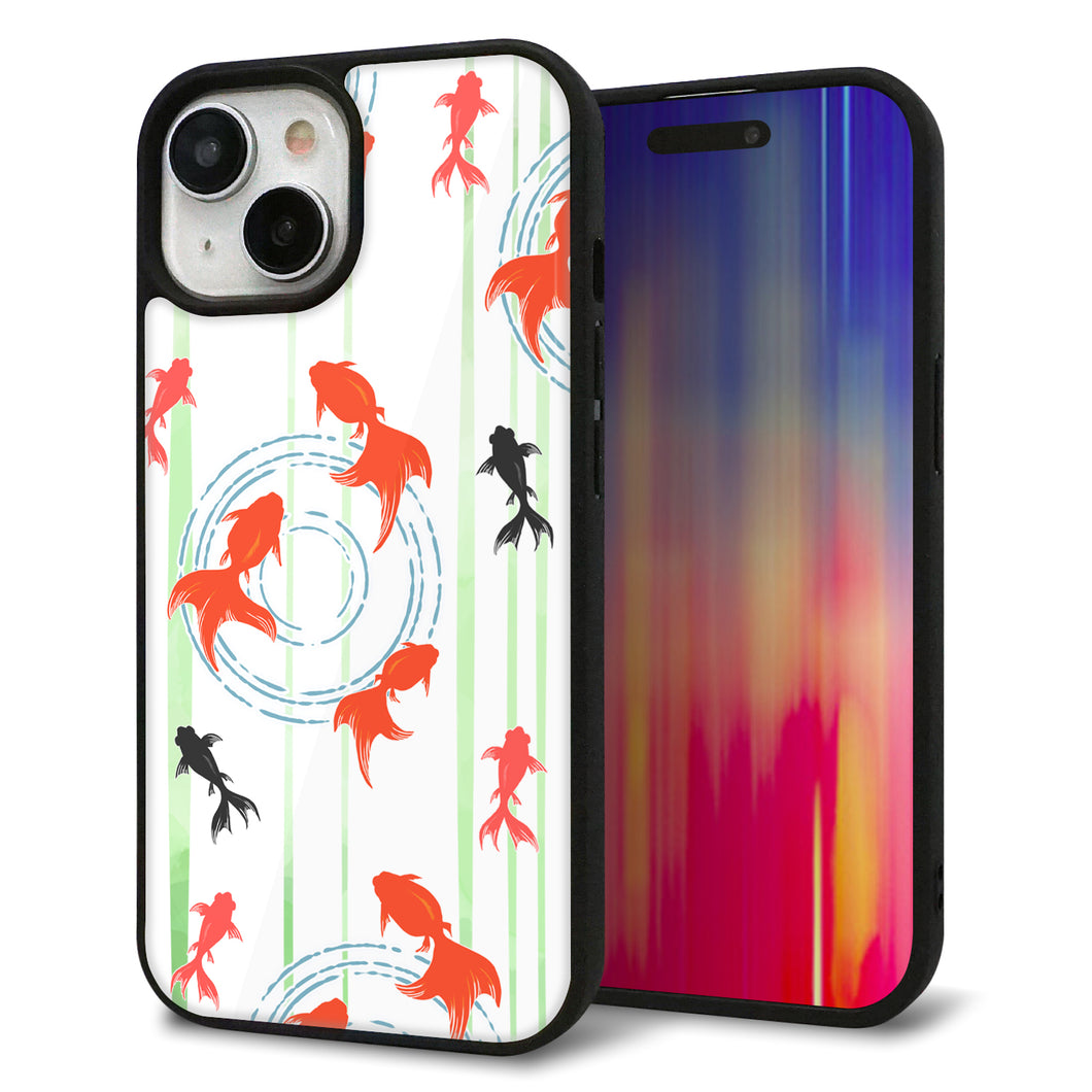 iPhone 15 強化ガラス&TPUスマホケース ガラプリ【HA213 金魚 水彩ストライプ グリーン】