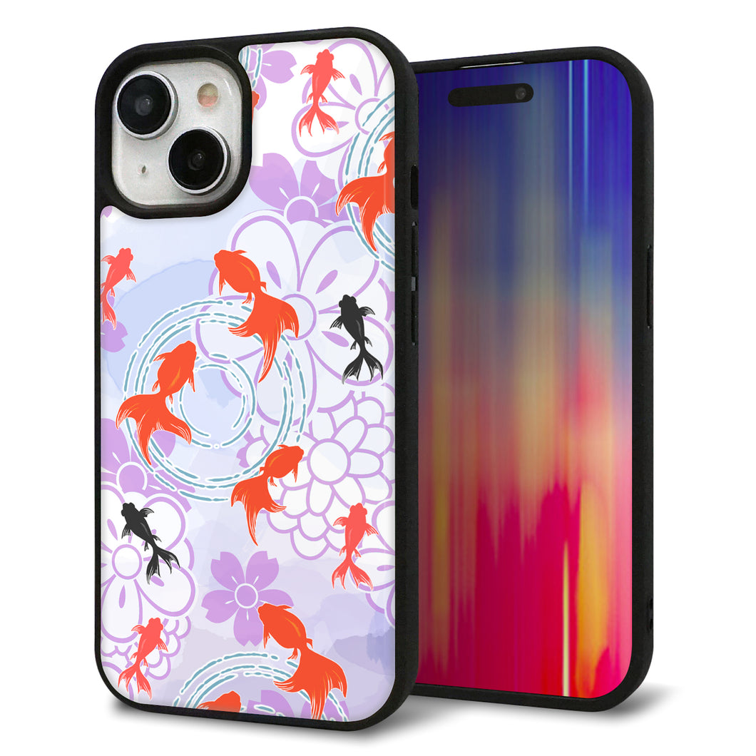 iPhone 15 強化ガラス&TPUスマホケース ガラプリ【HA214 金魚 花柄 パープル】