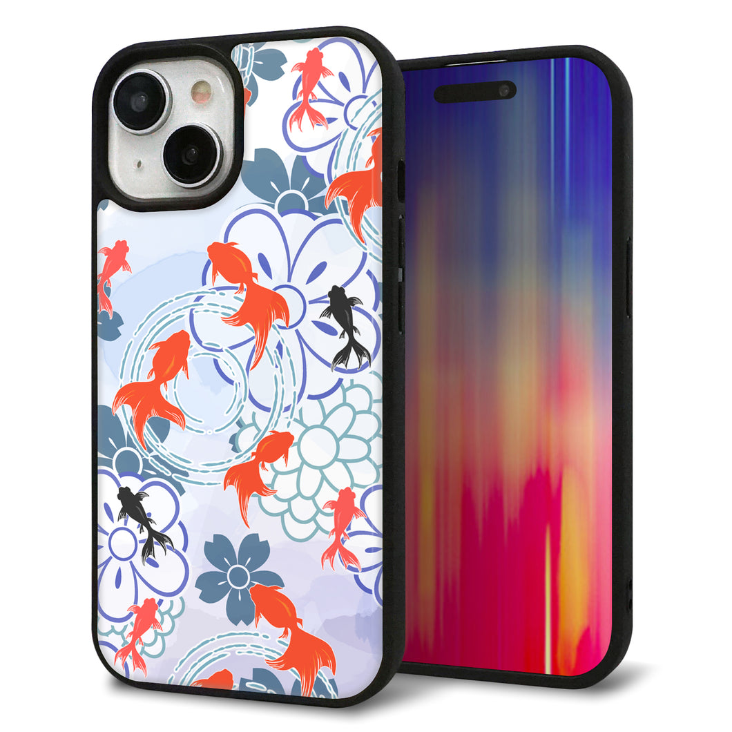 iPhone 15 強化ガラス&TPUスマホケース ガラプリ【HA215 金魚 花柄 ブルー】