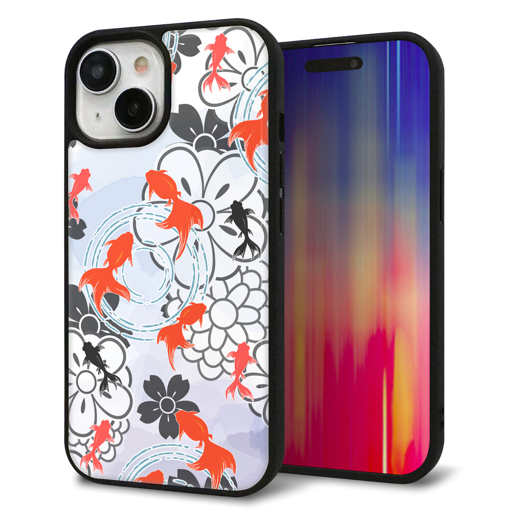 iPhone 15 強化ガラス&TPUスマホケース ガラプリ【HA216 金魚 花柄 グレー】