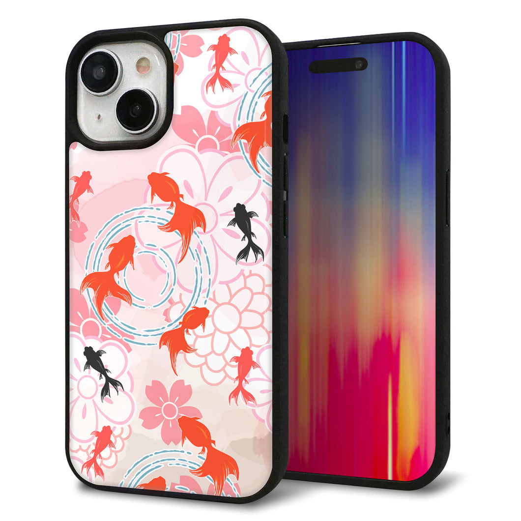 iPhone 15 強化ガラス&TPUスマホケース ガラプリ【HA217 金魚 花柄 ピンク】