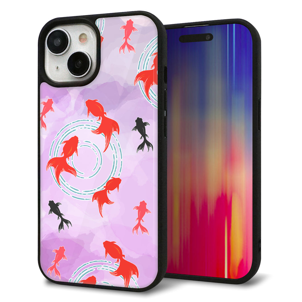 iPhone 15 強化ガラス&TPUスマホケース ガラプリ【HA225 金魚 水彩 パープル】