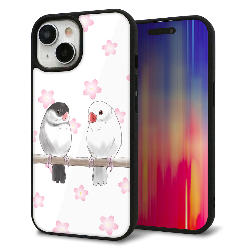 iPhone 15 強化ガラス&TPUスマホケース ガラプリ【HA275 文鳥 桜】