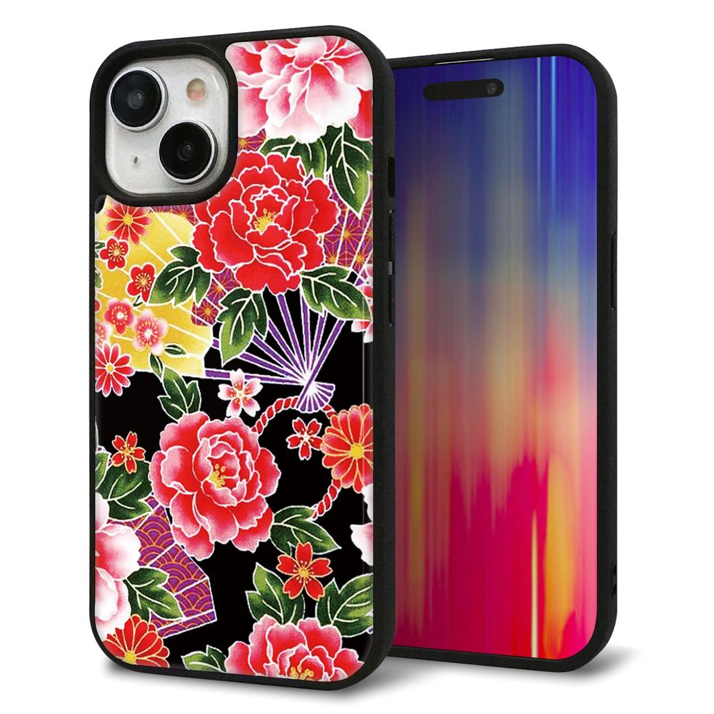 iPhone 15 強化ガラス&TPUスマホケース ガラプリ【MA959 和柄 花 A】