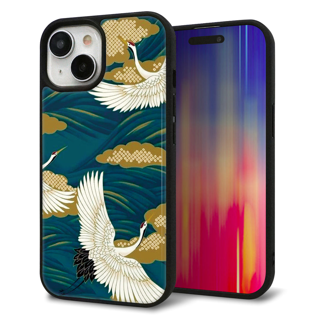 iPhone 15 強化ガラス&TPUスマホケース ガラプリ【MA964 着物柄 鶴鯉 B】