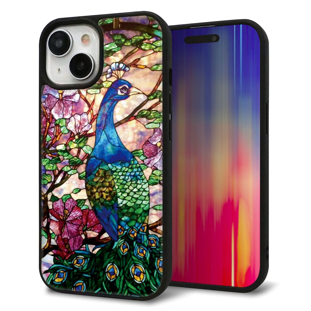 iPhone 15 強化ガラス&TPUスマホケース ガラプリ【MA996 ステンドグラス クジャク】