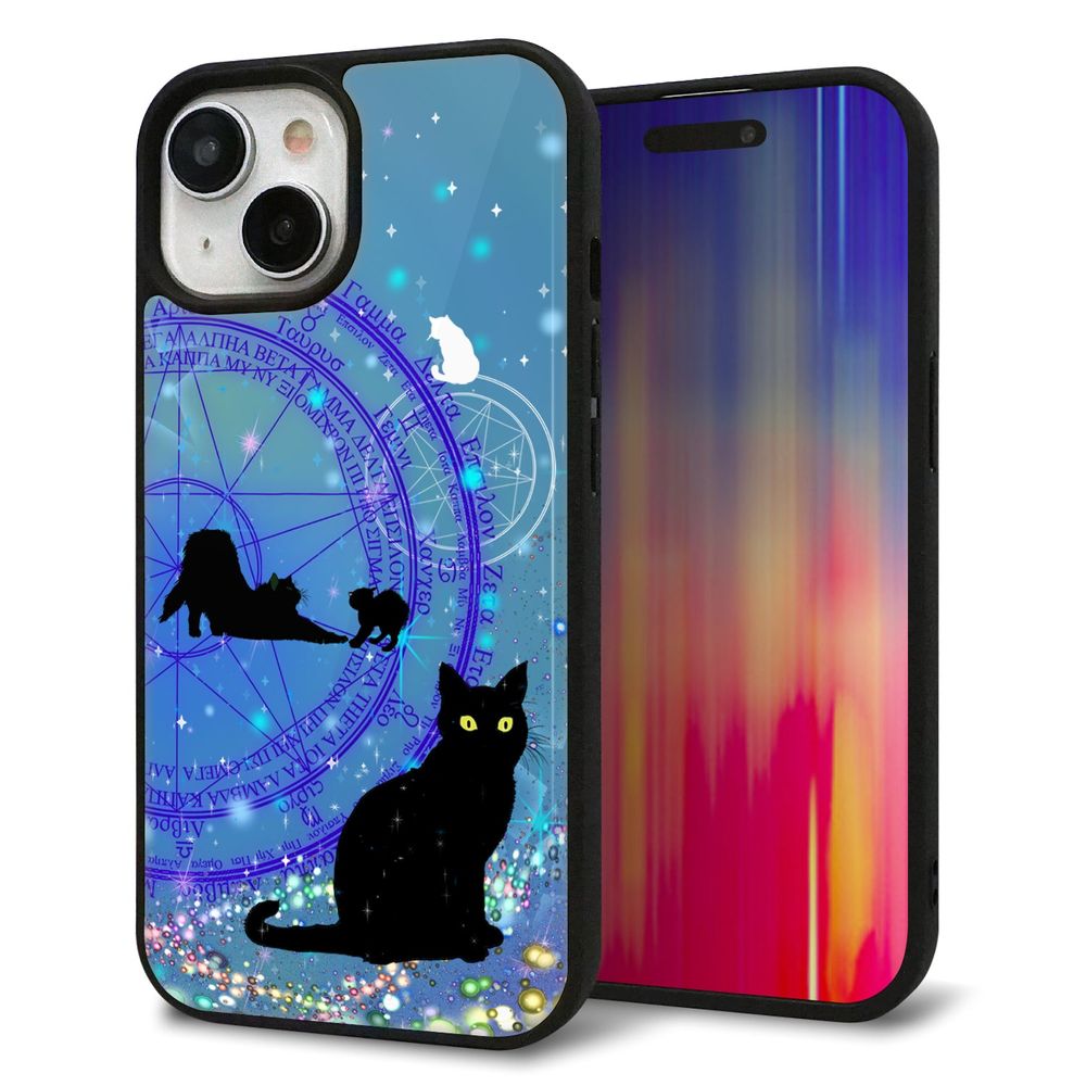 iPhone 15 強化ガラス&TPUスマホケース ガラプリ【YJ327 魔法陣猫 キラキラ かわいい】