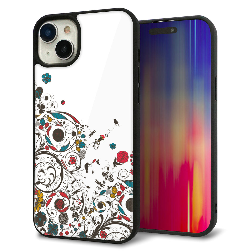 iPhone 15 Plus 強化ガラス&TPUスマホケース ガラプリ【EK908 カラフルな花と鳥】