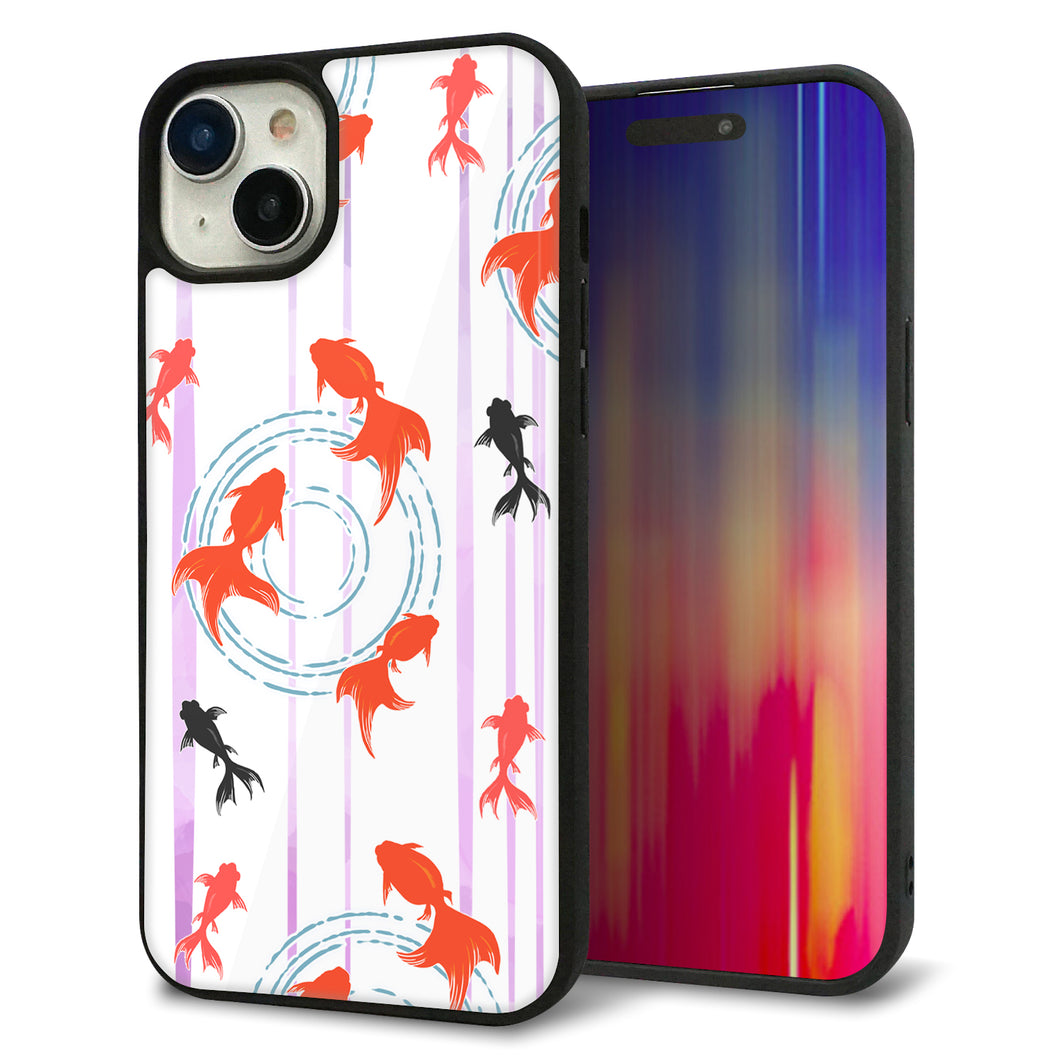 iPhone 15 Plus 強化ガラス&TPUスマホケース ガラプリ【HA209 金魚 水彩ストライプ パープル】