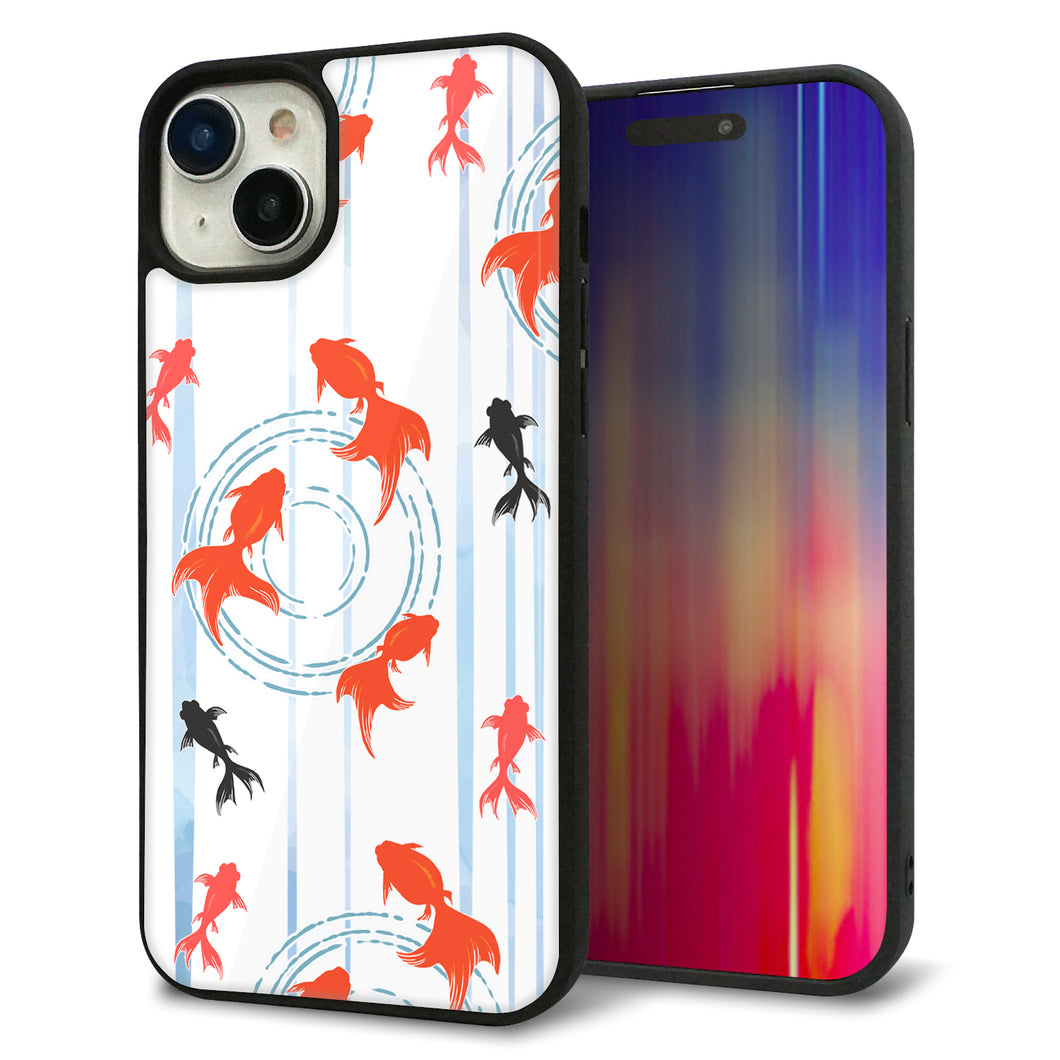 iPhone 15 Plus 強化ガラス&TPUスマホケース ガラプリ【HA210 金魚 水彩ストライプ ブルー】