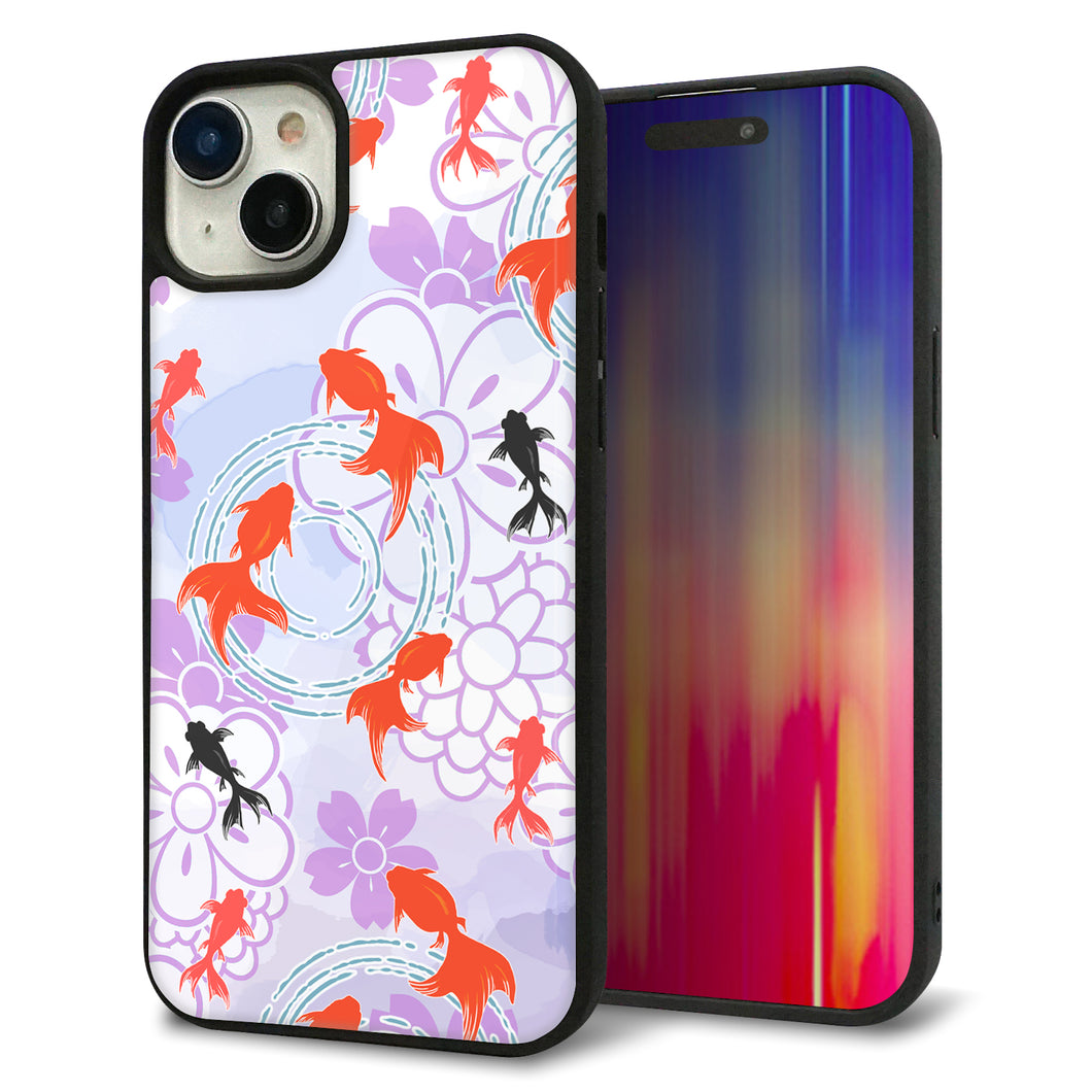 iPhone 15 Plus 強化ガラス&TPUスマホケース ガラプリ【HA214 金魚 花柄 パープル】