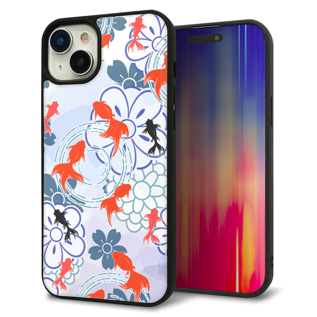iPhone 15 Plus 強化ガラス&TPUスマホケース ガラプリ【HA215 金魚 花柄 ブルー】