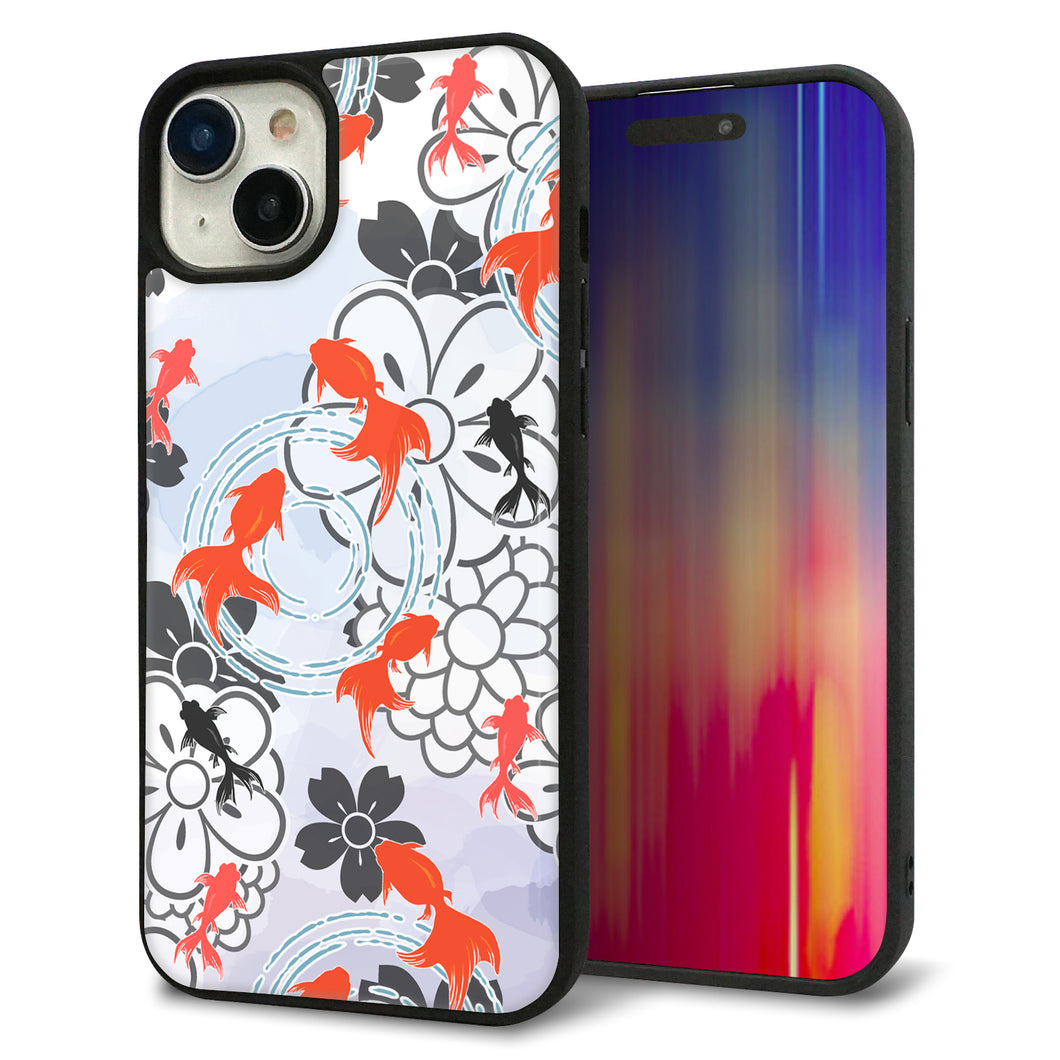 iPhone 15 Plus 強化ガラス&TPUスマホケース ガラプリ【HA216 金魚 花柄 グレー】