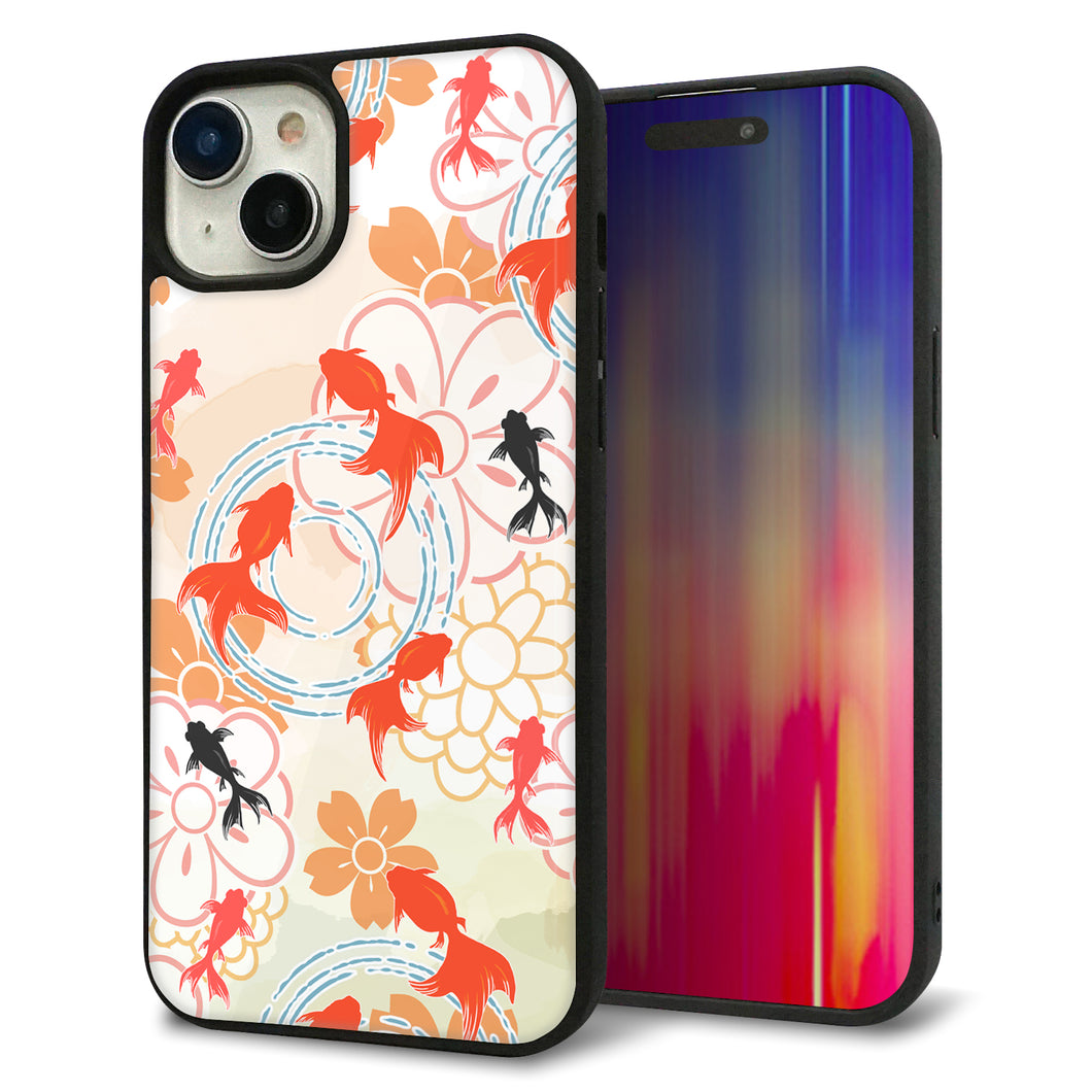 iPhone 15 Plus 強化ガラス&TPUスマホケース ガラプリ【HA219 金魚 花柄 オレンジ】