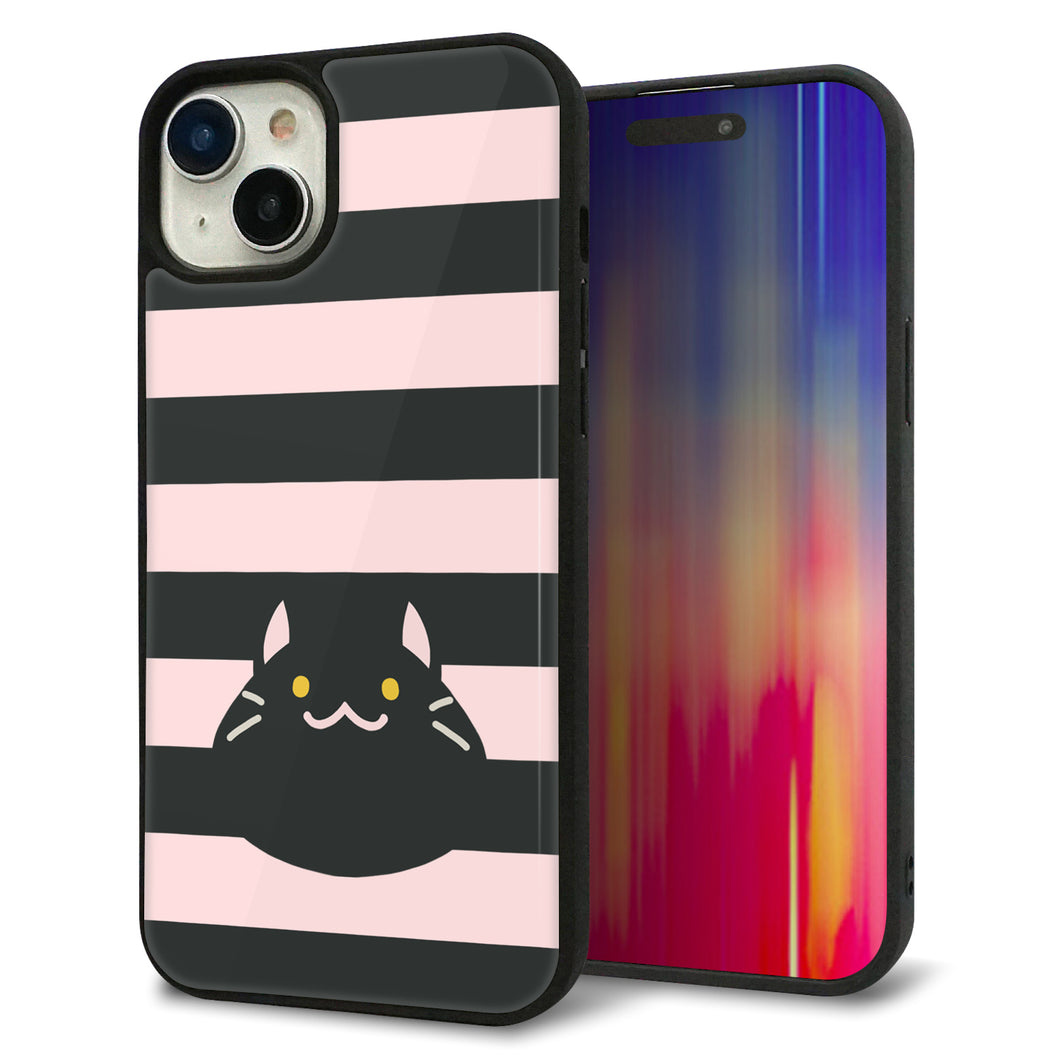 iPhone 15 Plus 強化ガラス&TPUスマホケース ガラプリ【HA249 もちねこ クロ】