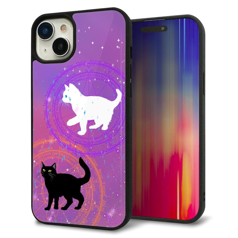 iPhone 15 Plus 強化ガラス&TPUスマホケース ガラプリ【YJ328 魔法陣猫 キラキラ かわいい ピンク】