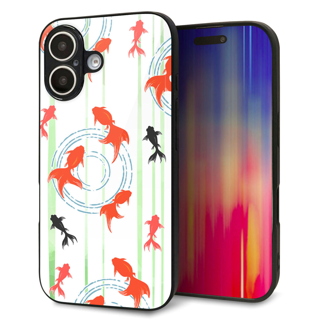 iPhone 16 強化ガラス&TPUスマホケース ガラプリ【HA213 金魚 水彩ストライプ グリーン】