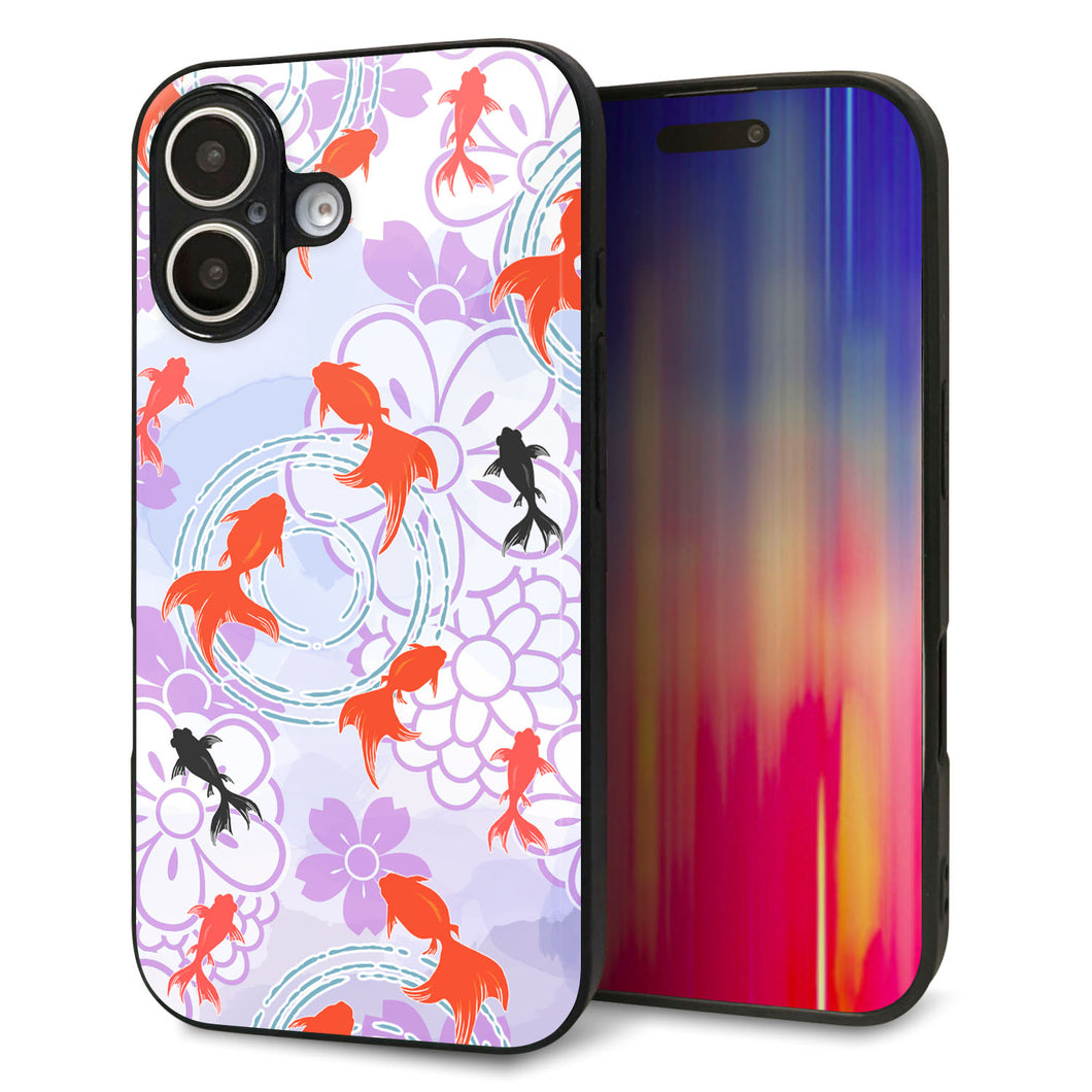 iPhone 16 強化ガラス&TPUスマホケース ガラプリ【HA214 金魚 花柄 パープル】