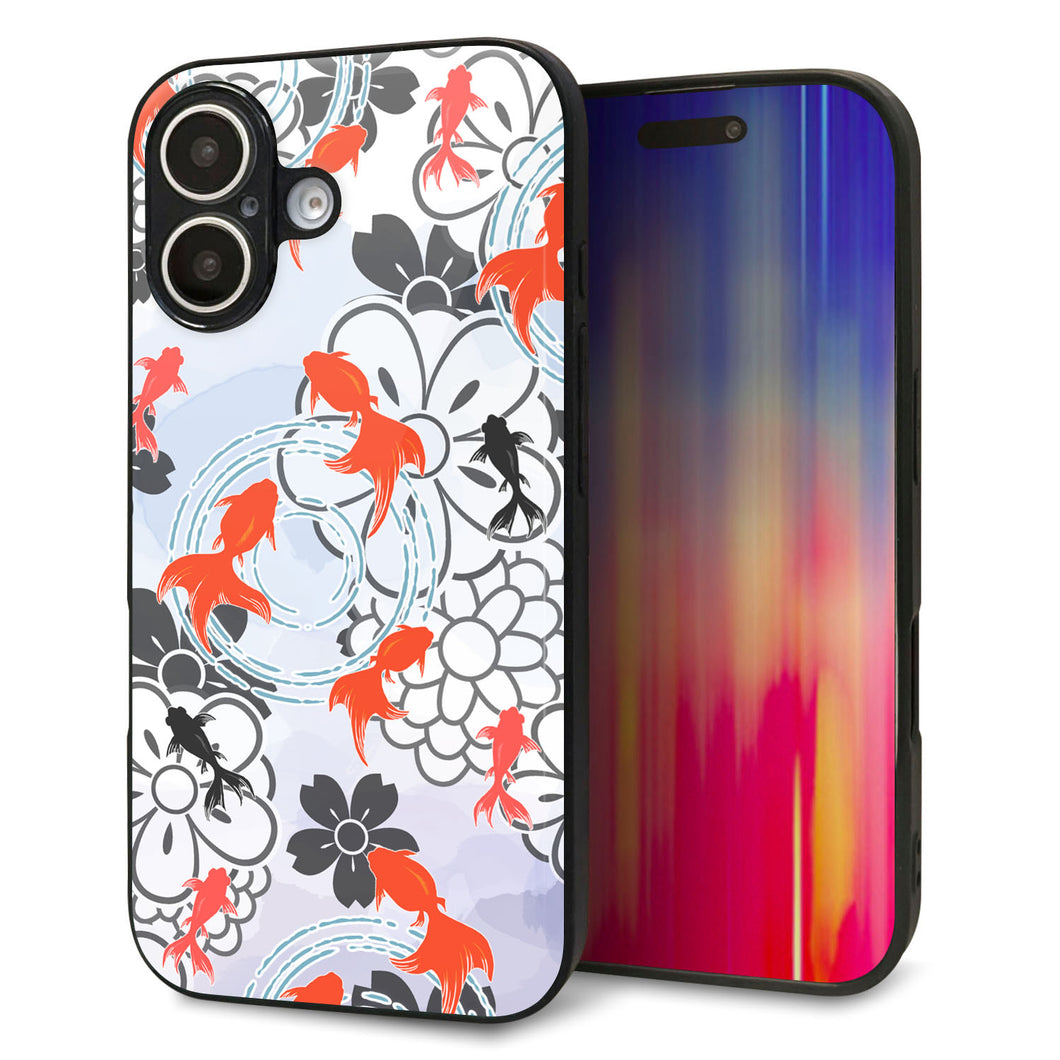 iPhone 16 強化ガラス&TPUスマホケース ガラプリ【HA216 金魚 花柄 グレー】