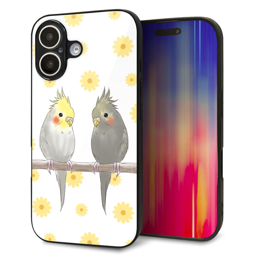 iPhone 16 強化ガラス&TPUスマホケース ガラプリ【HA274 オカメインコ 花】