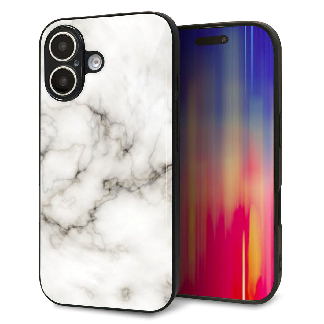 iPhone 16 強化ガラス&TPUスマホケース ガラプリ【KM871 大理石WH】