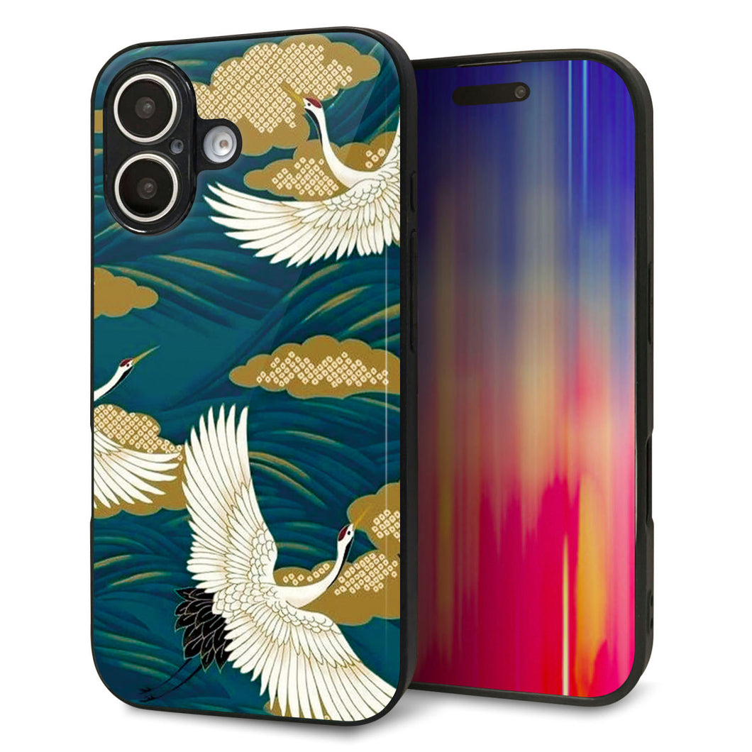 iPhone 16 強化ガラス&TPUスマホケース ガラプリ【MA964 着物柄 鶴鯉 B】