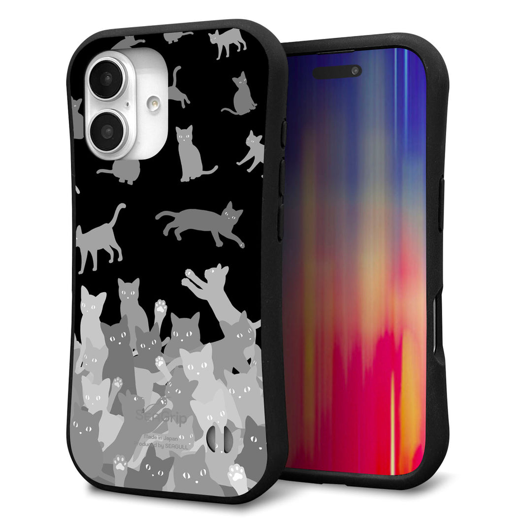 iPhone 16 スマホケース 「SEA Grip」 グリップケース Sライン 【AG887 ネコ積もり 黒】 UV印刷