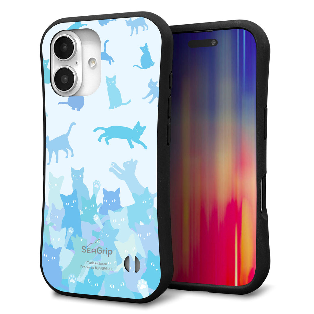 iPhone 16 スマホケース 「SEA Grip」 グリップケース Sライン 【AG888 ネコ積もり 水色】 UV印刷