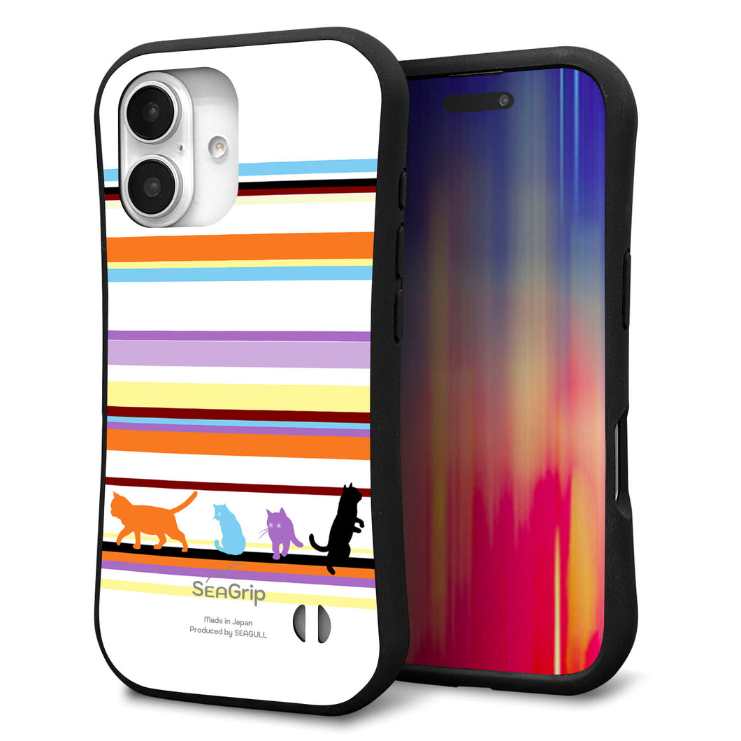 iPhone 16 スマホケース 「SEA Grip」 グリップケース Sライン 【YA887 ストライプネコ01】 UV印刷