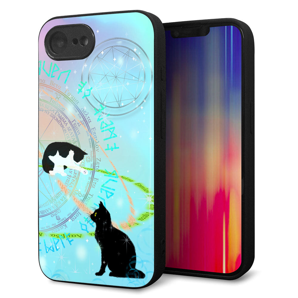 iPhone 16e 強化ガラス&TPUスマホケース ガラプリ【YJ329 魔法陣猫 キラキラ パステル】
