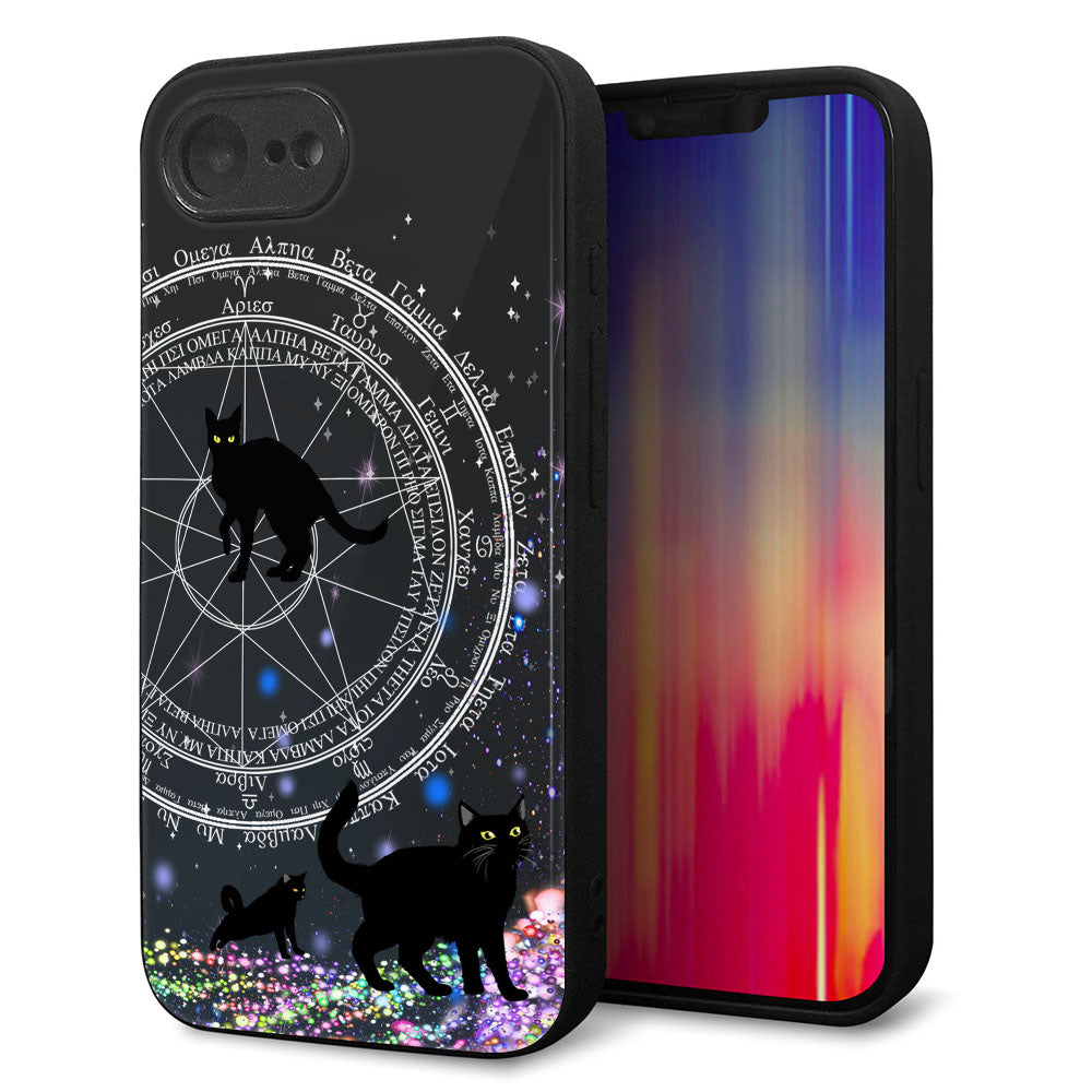 iPhone 16e 強化ガラス&TPUスマホケース ガラプリ【YJ330 魔法陣猫 キラキラ 黒猫】