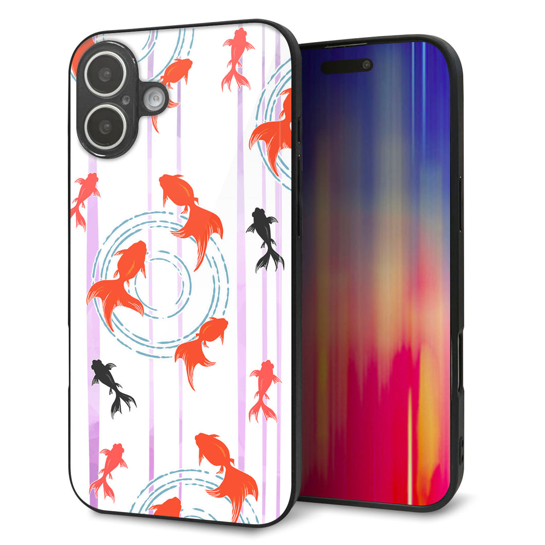 iPhone 16 Plus 強化ガラス&TPUスマホケース ガラプリ【HA209 金魚 水彩ストライプ パープル】