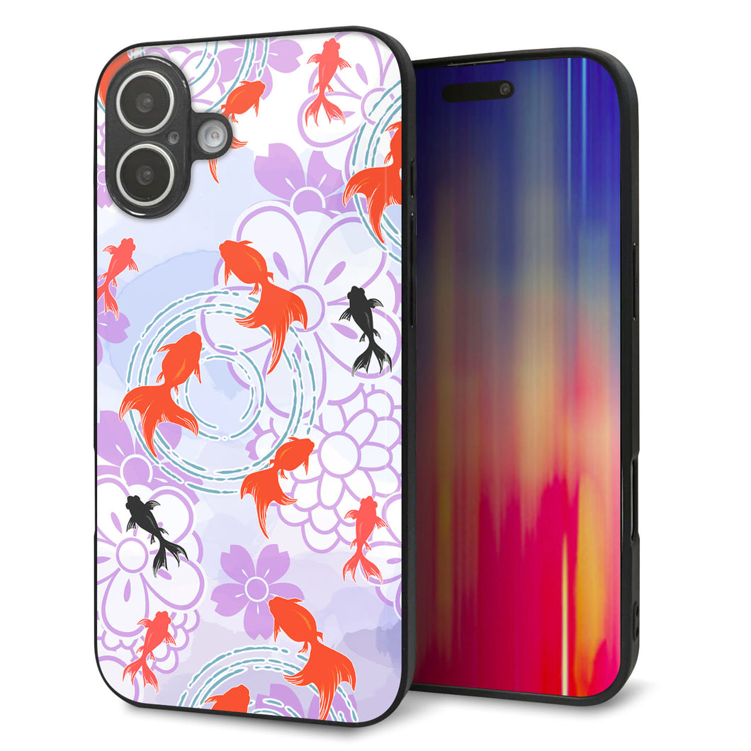 iPhone 16 Plus 強化ガラス&TPUスマホケース ガラプリ【HA214 金魚 花柄 パープル】