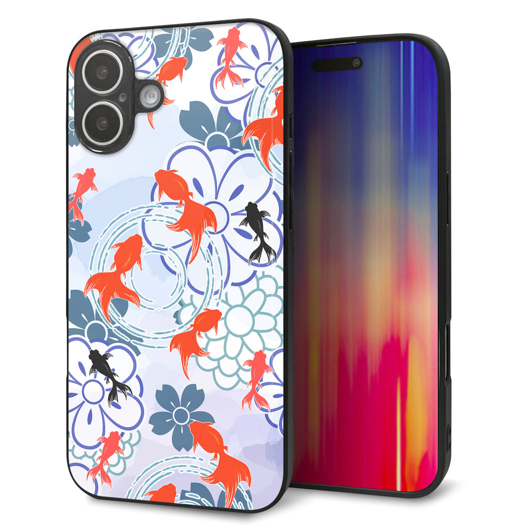 iPhone 16 Plus 強化ガラス&TPUスマホケース ガラプリ【HA215 金魚 花柄 ブルー】