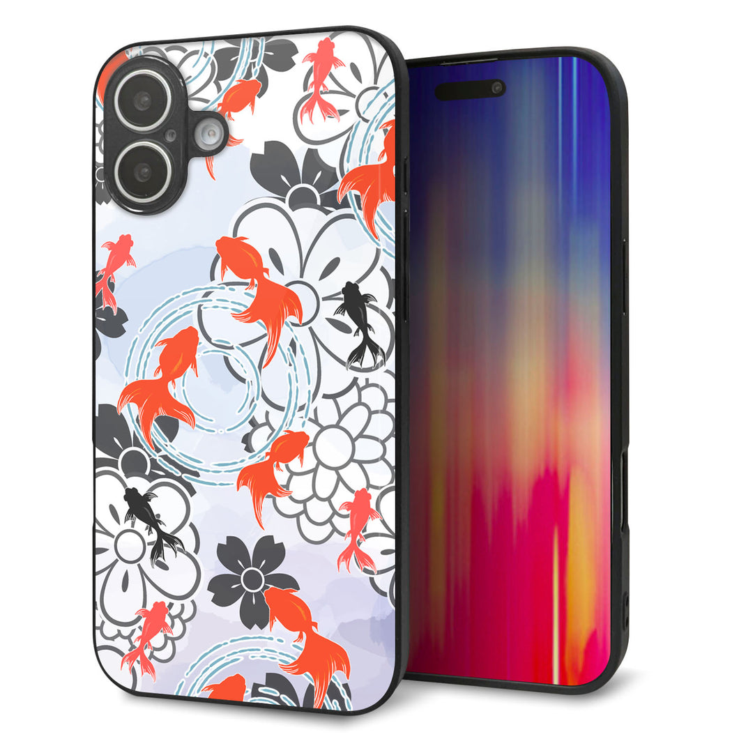 iPhone 16 Plus 強化ガラス&TPUスマホケース ガラプリ【HA216 金魚 花柄 グレー】