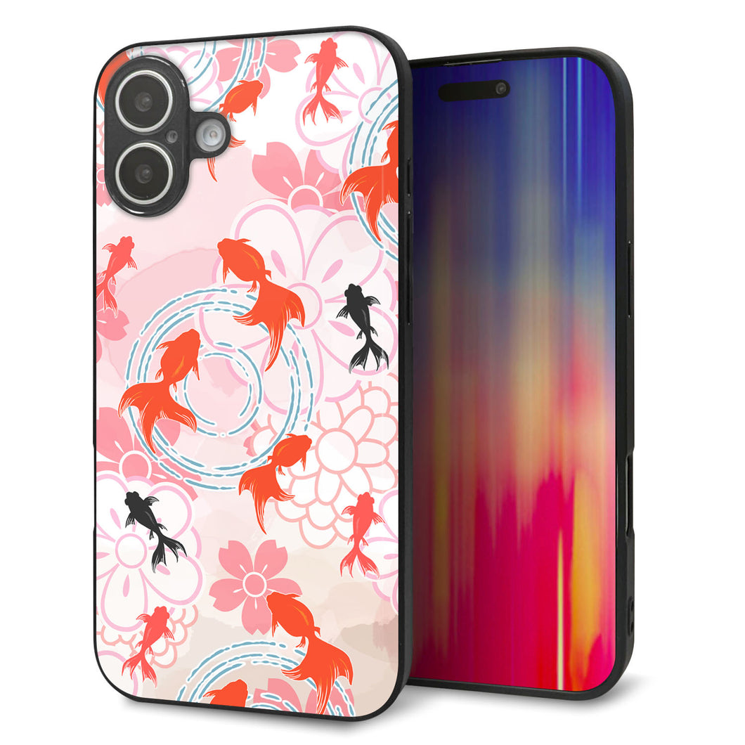 iPhone 16 Plus 強化ガラス&TPUスマホケース ガラプリ【HA217 金魚 花柄 ピンク】